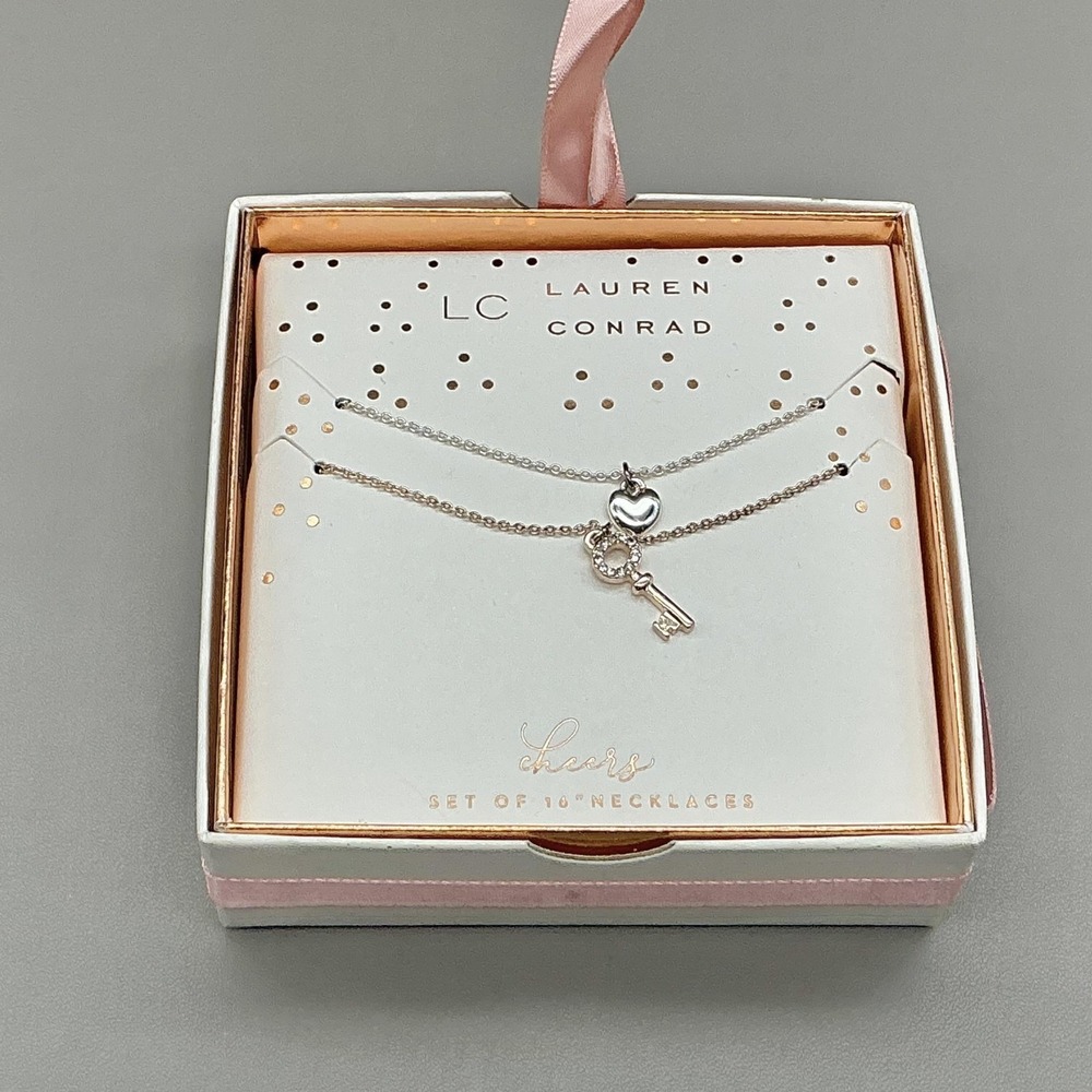 LC Lauren Conrad Necklace Silver Tone Heart Key Pendant Layered Set 16" Jewelry‎